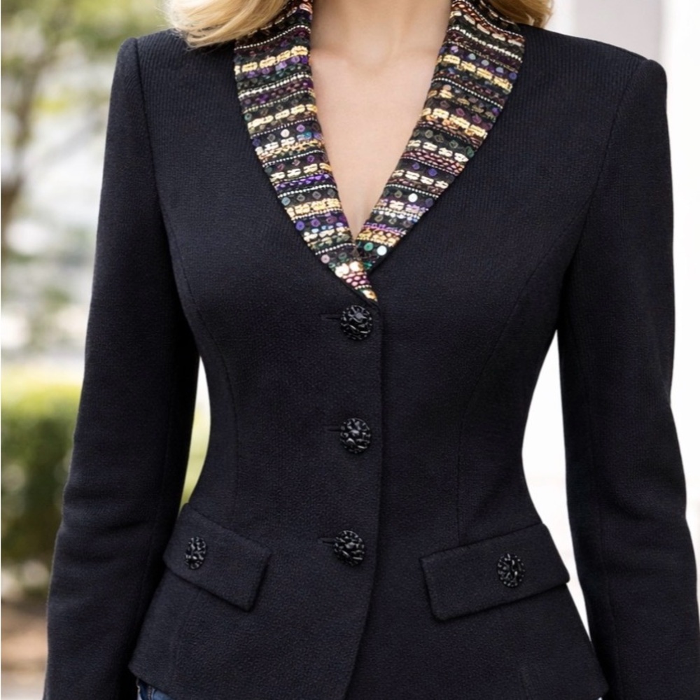 ST. JOHN EVENING Black Crystal embellished Multicolor Blazer Sweater Jacket 2